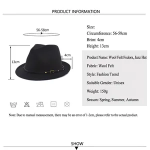 Women's black wool fedora hat with brown leather band and size specification guide