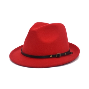 Red wool fedora hat for women with black leather belt and gold buckle detailing
