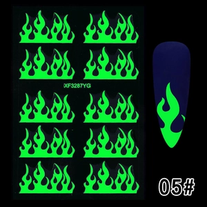 Luminous green flame nail decals for Halloween show on dark almond-shaped false nails