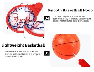 Close-up of kids indoor basketball hoop set with mini ball and manual air pump accessory