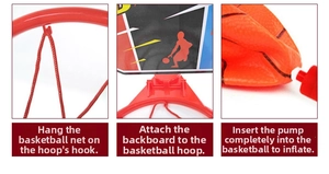 Detail view of the red basketball rim hooks, backboard mounts, and orange ball air valve