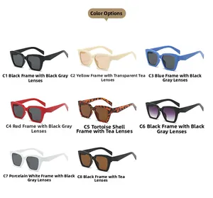 Grille détaillée montrant huit options de couleurs pour lunettes de soleil carrées oversize
