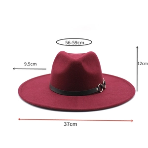Detail view of burgundy wide brim wool fedora hat with size dimensions 9.5cm brim