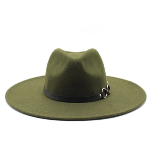 Elegant dark green wool fedora hat with wide brim and decorative leather band with metal rings