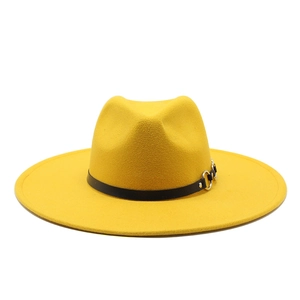 Classic yellow wool fedora hat with a flat wide brim and black leather buckle belt