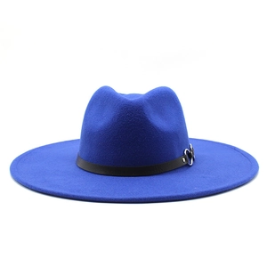 Close-up of royal blue wool fedora with black leather strap and silver metal rings