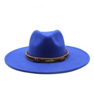 Detail of navy blue fedora hat with brown ethnic band and metal feather charm
