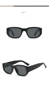 Close-up of black rectangular plastic frames with dark gray lenses showing front and side views