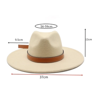 Detailed size guide of beige wide brim fedora hat with dimensions and leather band