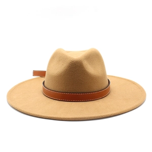 Classic beige wool fedora hat with a brown leather decorative band and white stitching