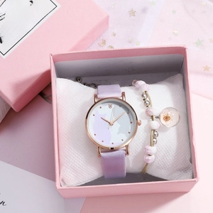 Purple girls watch set with cat dial and matching flower bead bracelet in pink gift box