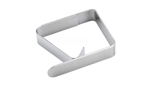 Macro detail of silver stainless steel tablecloth clip with a brushed metal finish