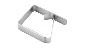 Close-up of durable stainless steel tablecloth clip with a brushed metal finish