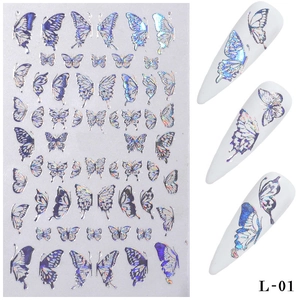 Macro detail of holographic 3D butterfly nail stickers with metallic gold laser effects