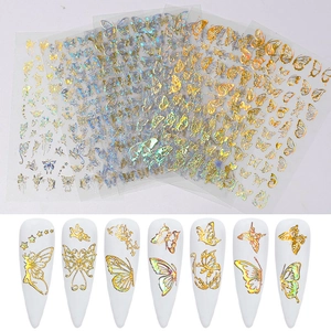 Detailed 3D butterfly nail stickers featuring gold stamping and holographic laser effect