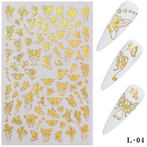 Detail of L-04 gold butterfly and fairy 3D nail art stickers with metallic finish effects