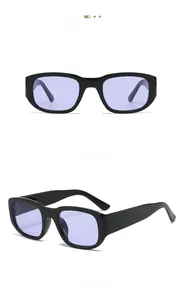 Front and side views of stylish black square frame sunglasses with purple tinted lenses