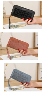 Detailed comparison of long wallets in black, pink, and blue with crocodile texture