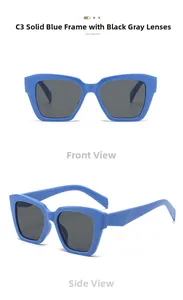 Vue détaillée des lunettes de soleil carrées bleues avec des verres gris noir