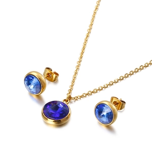 Golden titanium steel jewelry set with blue zircon necklace and round stud earrings
