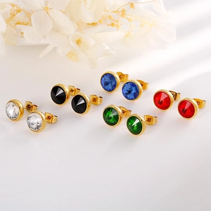 Minimalist gold titanium steel stud earrings set with colorful round zircon gemstones