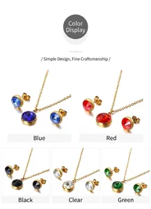 Collage of zircon jewelry sets showing necklaces and earrings in five vibrant colors