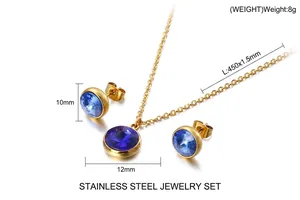 Detailed view of stainless steel gold necklace and blue zircon earring dimensions