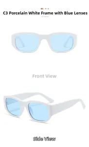 Front and side view of white rectangular sunglasses with light blue transparent lenses