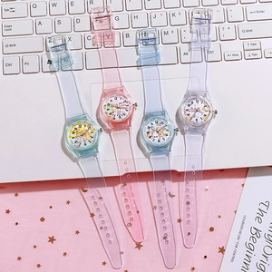 Cartoon transparent PVC watches for kids featuring soft TPU straps in pastel colors