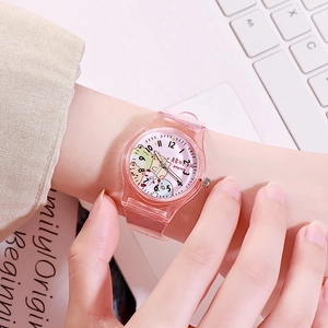 Detailed view of pink transparent PVC kids watch featuring Sumikko Gurashi characters
