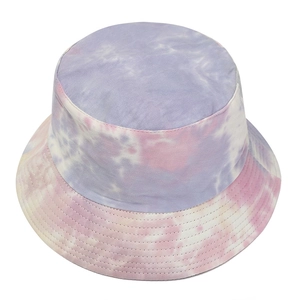 Detail of tie-dye bucket hat showing purple gradient cotton twill and neat stitching