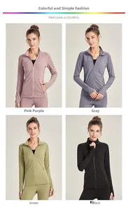 Collage of slim fit women's zipper sports jackets in purple, grey, green, and black colors