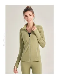 Close-up of olive green fitness jacket featuring laser-cut ventilation and thumbholes