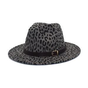 British style grey leopard print fedora with black belt and golden metal buckle