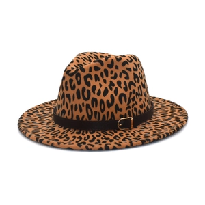 British style wool fedora hat with leopard print pattern and black leather band