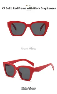 Vues de face et de profil de lunettes de soleil carrées rouges avec verres gris foncé