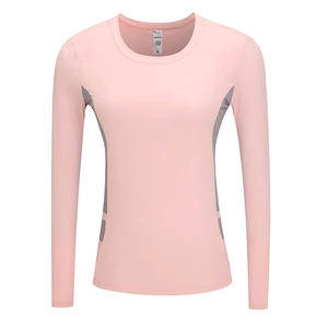 Haut de sport manches longues femme rose avec empiècements contrastés gris ajusté