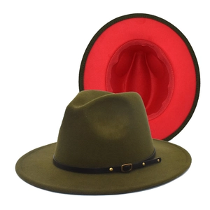 Detail showing army green wool fedora with red interior and black leather decorative belt