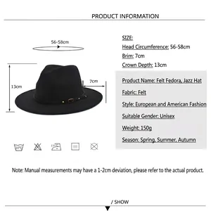 Size chart for wool fedora hat featuring red and black contrast brim and metal buckle
