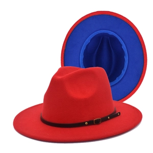 Detail of red fedora hat with blue lining and black belt buckle showing two angles