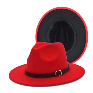 Two-tone wool fedora hat in red and black with stylish leather band and metal buckle