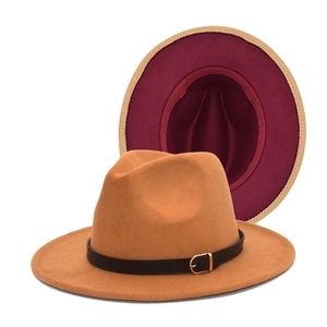 Two-tone wool fedora hat for men and women with metal buckle and camel black contrast