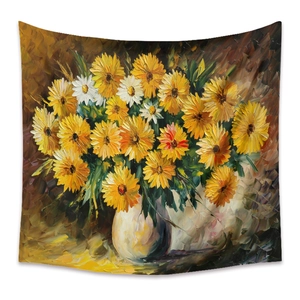 Morandi oil painting tapestry with yellow daisies in a white vase for wall decoration