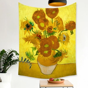 Close-up of Van Gogh Sunflowers tapestry showing rich oil painting texture on fabric