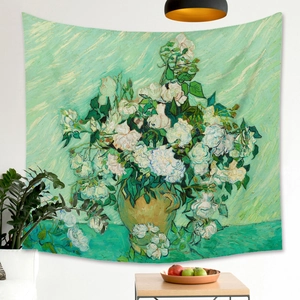 Morandi style wall tapestry featuring Van Gogh's Roses on a mint green background