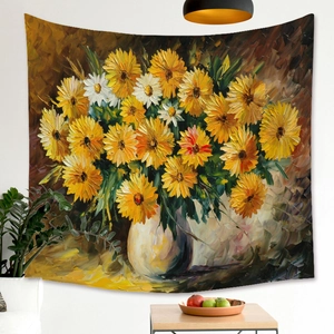 Detailed view of Morandi style tapestry with oil painting floral art on a white wall