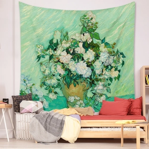 Detail of Van Gogh Rose tapestry hanging as bedroom background wall decor