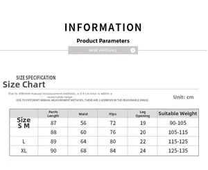 Size chart table for yoga leggings showing length, waist, and hip measurements in CM