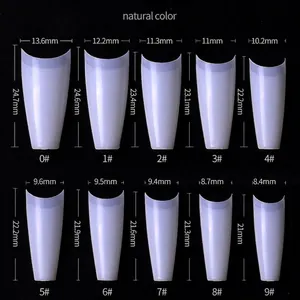 500pcs natural T-shape French false nail tips size chart showing 10 different dimensions