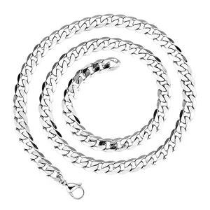Mens silver titanium steel 7mm curb chain necklace with lobster clasp on white background